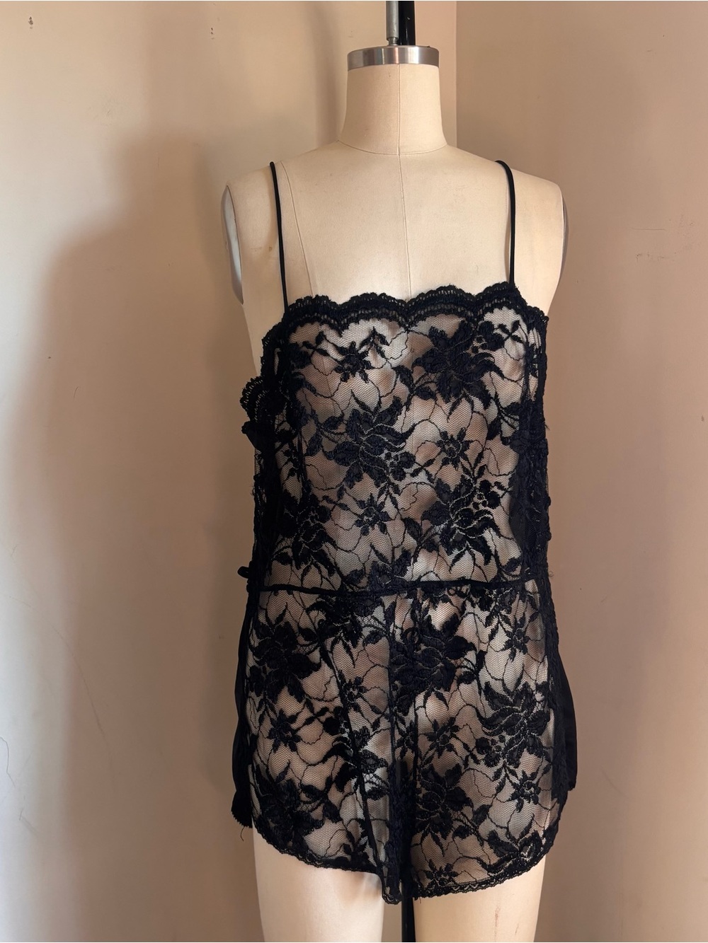 Vintage One piece romper lingerie, black lace nylon